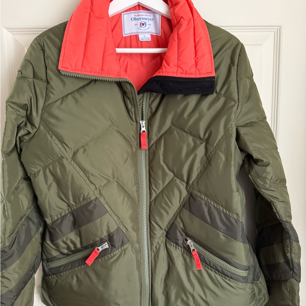 Obermeyer Olive and Coral Puffer Jacket